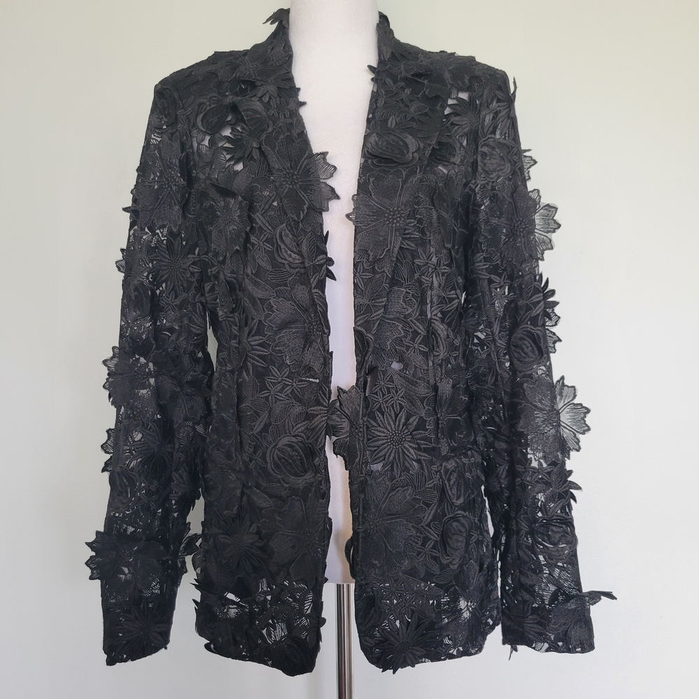 NWOT Black Floral Lace 3-D Applique Embroidery 1 Button Textured Blazer  Sz XL - Picture 12 of 16